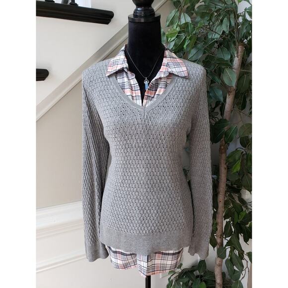 Croft & Barrow 2-Fer Sweater Womens Petite Large Gray with Snowy Tartan Plaid - Picture 1 of 11